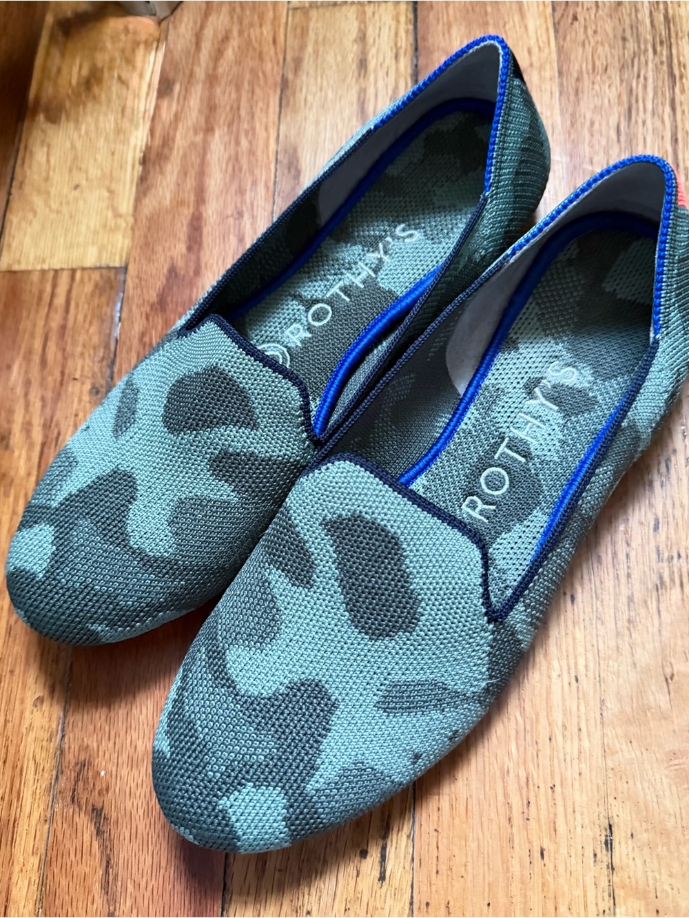 Rothy's Green Camouflage Knit Flats with Blue Trim